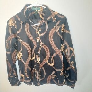 Lauren By Ralph Lauren‎ Black Equestrian Print blouse size P/M Classic Preppy